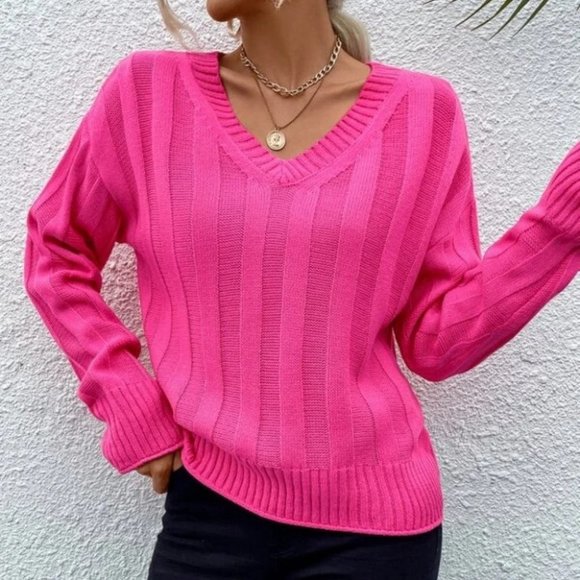 V-Neck Pullover Long sleeved knit Sweater top spring fall PINK - Picture 3 of 6